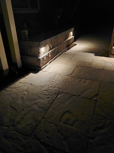 Flagstone path with ambient landscape lighting at night, Battle Ground WA
