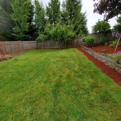 Backyard lawn installation with flowering plantings and border edging, Clark County WA