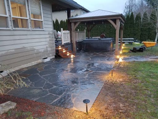 Flagstone patio with gazebo and outdoor living space, Yacolt WA